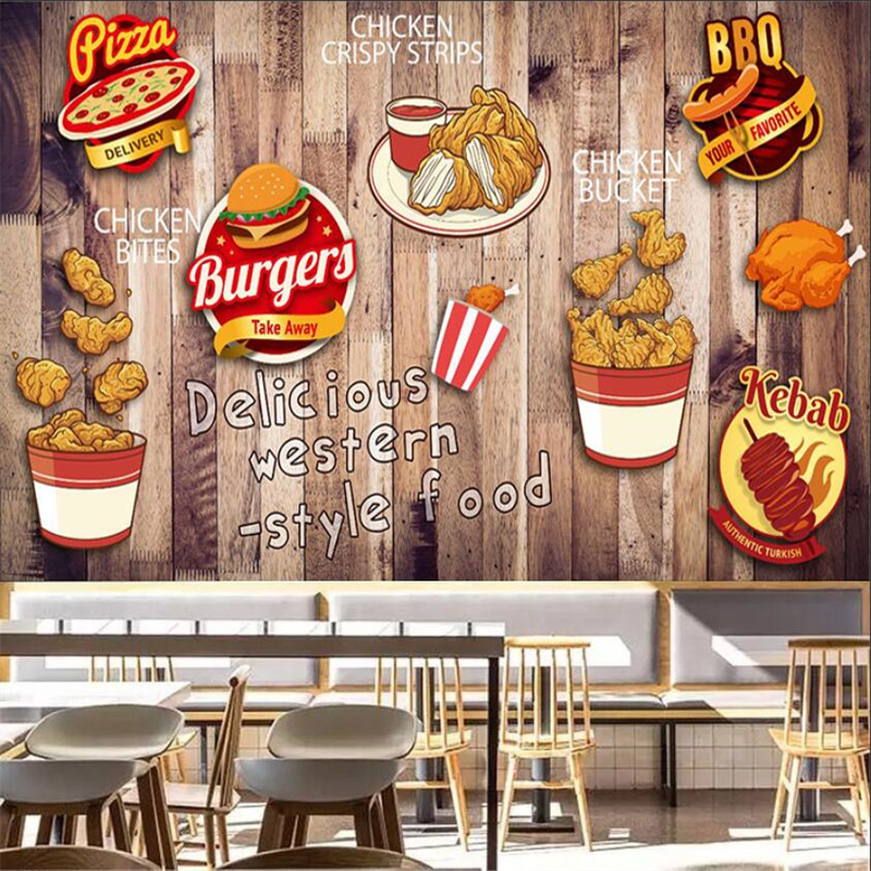 Food Snacks Background - カスタムフライドチキンバーガー壁紙ファーストフードレストランスナックバー背景壁紙自己粘着壁画 Papel De Parede